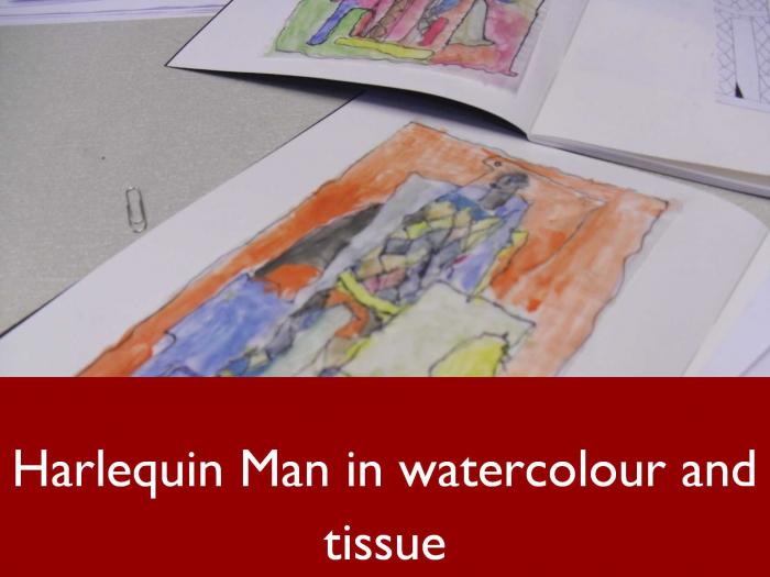 8 Harlequin Man in watercolour and tissue